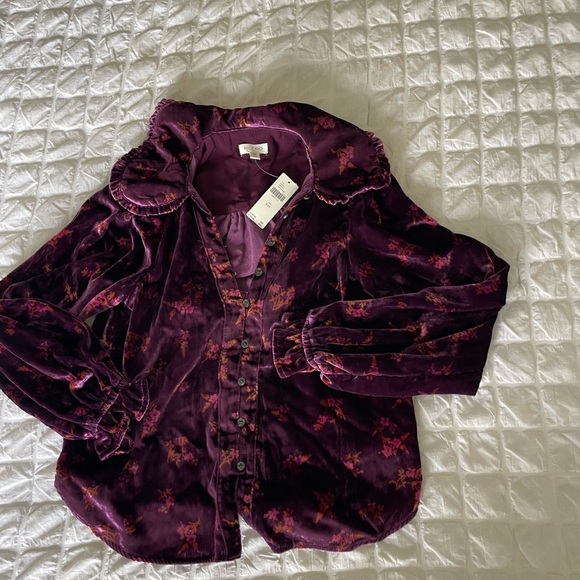 Anthropologie Pilcro Purple Velour Floral Buttoned Relaxed Blouse - Picture 7 of 14